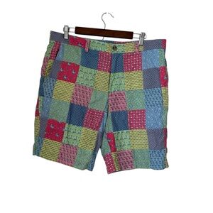 Vineyard Vines mens Sailors Red Multi Whale Printed Patchwork Breaker Shorts.